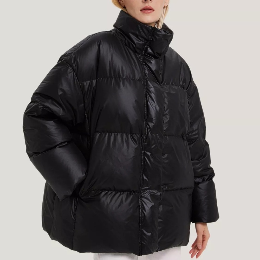 Gentle Herd High-Neck Puffer Jacket Black Size Medium‎ Vegan Leather - Picture 2 of 12